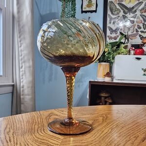 Vintage 60's Amber Italian Empoli Optic Swirl Compote Goblet Glass